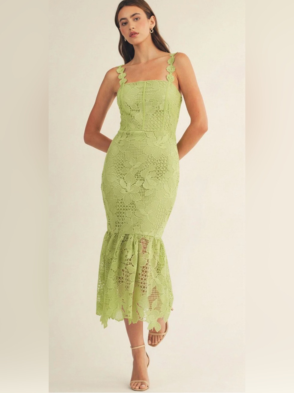 Just Me Lace Mermaid Midi Dress In Light Green